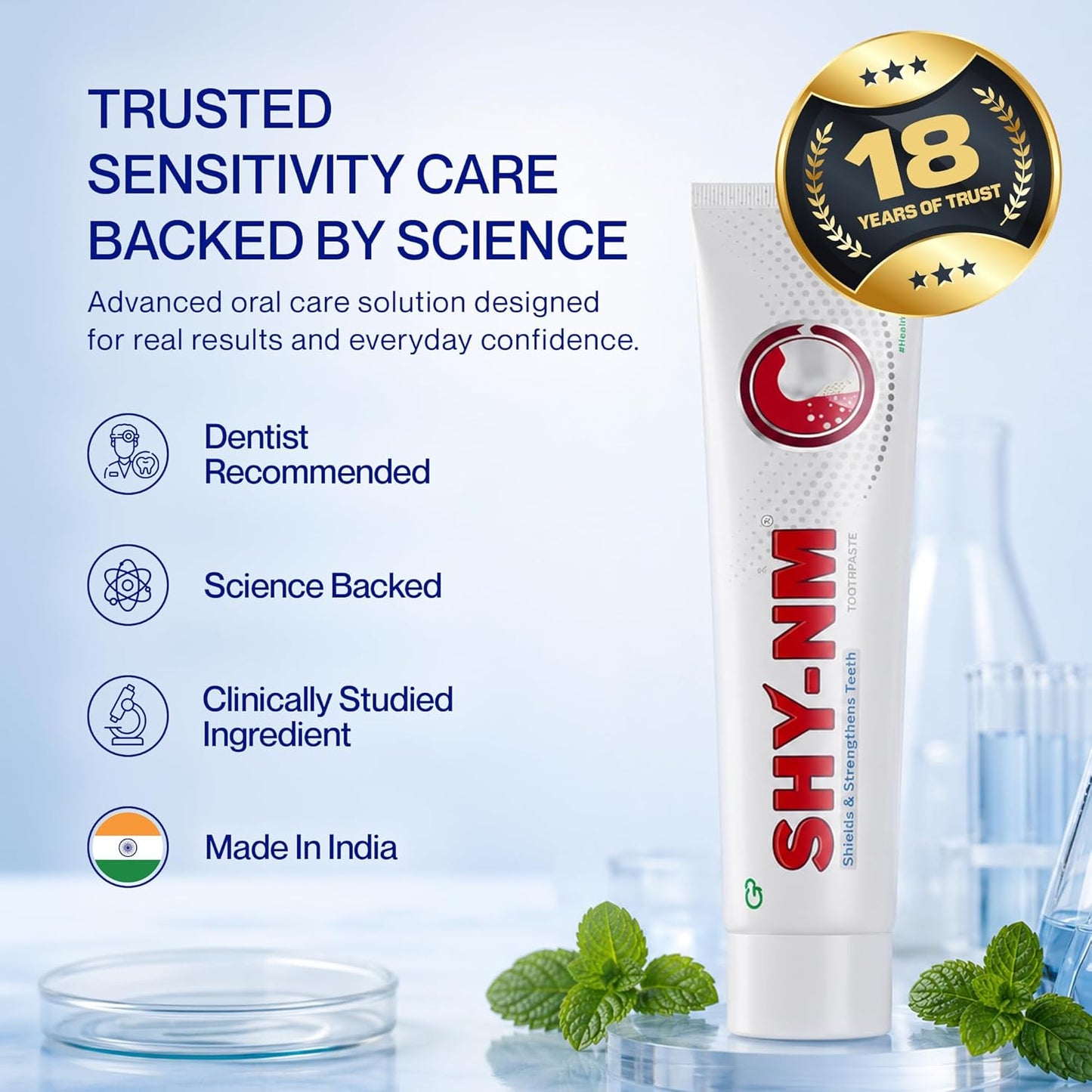 SHY-NM Sensitivity Toothpaste (Pack of 1) 100g | Instant and long-lasting relief from Dental Sensitivity | Remineralises Teeth | SLS free, Parabens free and Vegan friendly | Fresh Mint Flavour