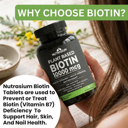Nutrasium Biotin 10,000 mcg with multivitamin & Minerals | For supports Hair Growth | For Control Hair fall, Hair damge & Hair splitting | 120 tablets