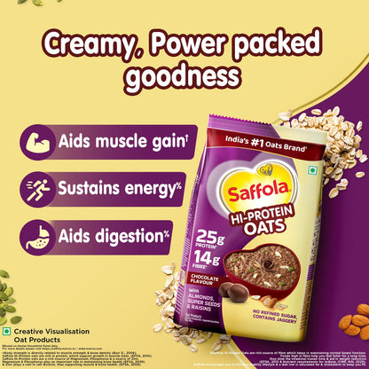 Saffola 25g High Protein Oats | 14g High Fibre | Chocolate flavour | No Refined Sugar | With Almonds, Raisin, Pumpkin and Chia Seeds | Rolled Oats for Weight management & Muscle gain