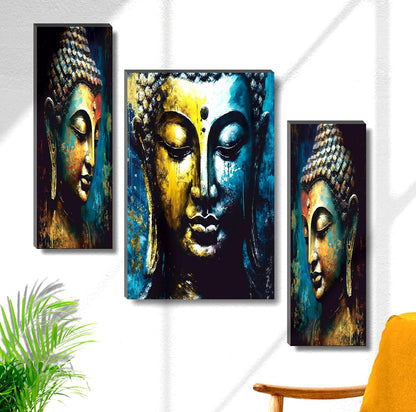 Abstract Gold & Blue Buddha Wall Art – 3-Panel UV-Printed Zen Triptych | Ready-to-Hang Spiritual Home Décor (20 Inch x 12 Inch) JM-35296
