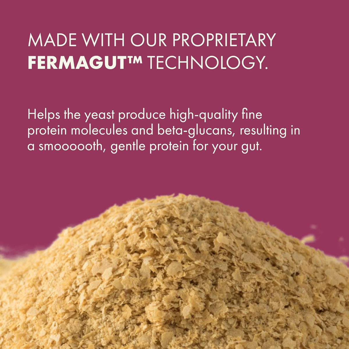Brown powder with text about Fermagut technology on a purple background