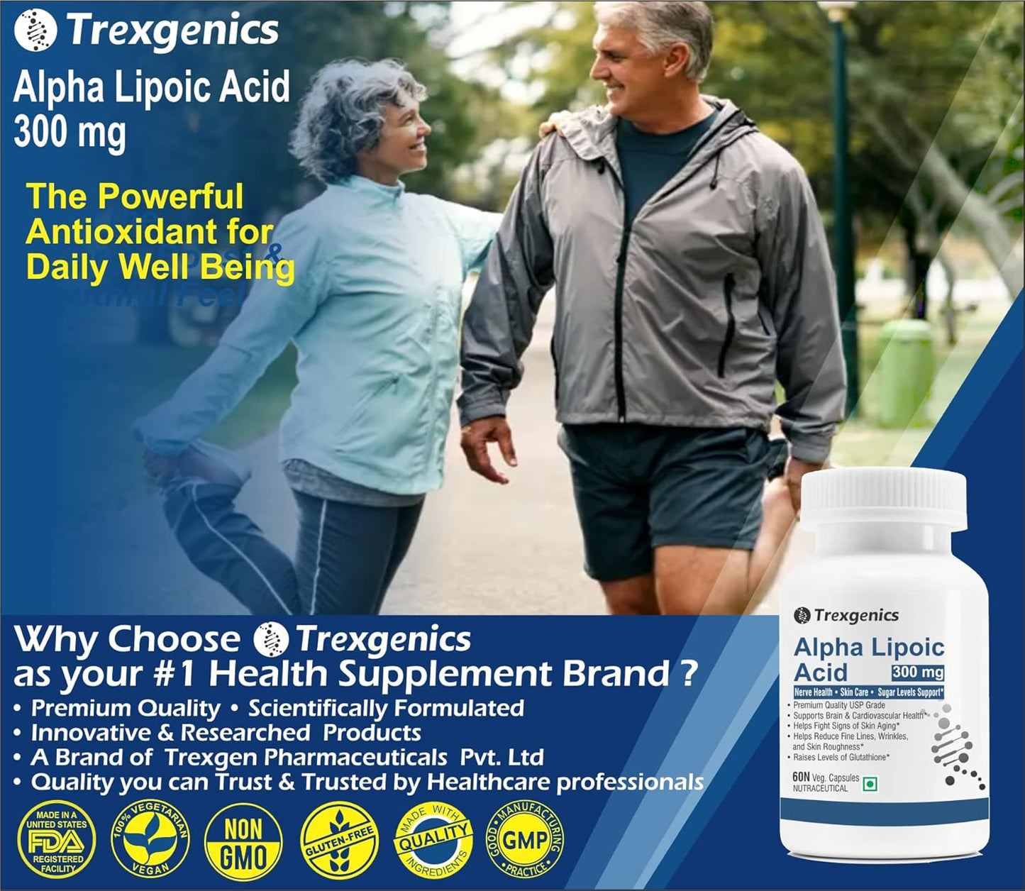 Trexgenics ALPHA LIPOIC ACID 300 mg Glucose metabolism, Liver, Skin, Brain, Nervous System Health Support VEGAN & NON-GMO (60 VCaps) (Pack of 1)