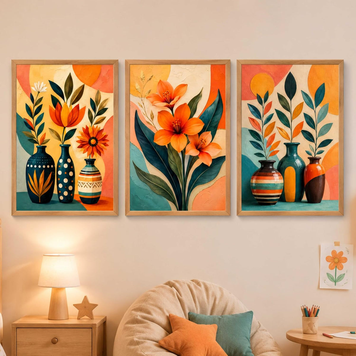 Set of 3 Floral Vase Wall Paintings with Sparkle Laminate, Premium Wooden Synthetic Frame, Modern Botanical Art for Living Room Bedroom Decor (13.5 x 19.5 Inch) NM03-166