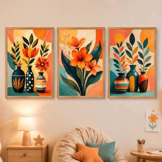 Set of 3 Floral Vase Wall Paintings with Sparkle Laminate, Premium Wooden Synthetic Frame, Modern Botanical Art for Living Room Bedroom Decor (13.5 x 19.5 Inch) NM03-166