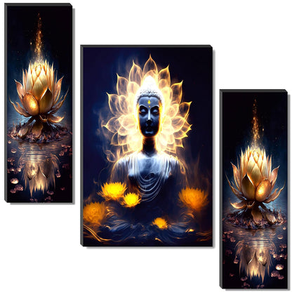 Glowing Buddha with Lotus Wall Art – 3-Panel UV-Printed Enlightenment Triptych | Ready-to-Hang Spiritual Meditation Décor (20 Inch x 12 Inch) JM-35305