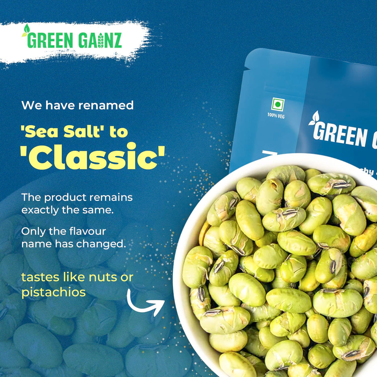 Green Gainz Roasted Edamame Classic Flavour – 100gm | 100% Veg High Protein Snack | No Added Sugar | Non-GMO | Rich in Fiber | No Gluten