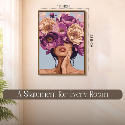 Floral Woman Portrait Framed Canvas Painting For Living Room | Aesthetic Flower Face Wall Art For Livingroom Wall Decor, Home Decor, Bedroom, Hallway's, Office, Hotel - 43x58 cm