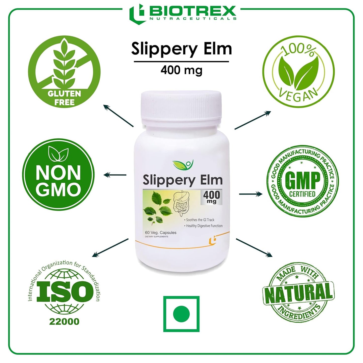Biotrex Nutraceuticals Slippery Elm 400mg 60 Veg Capsules, Dietary supplement to strengthen Immune System, nutritional supplement, multivitamins, vitamin for men, women and adults, health supplements
