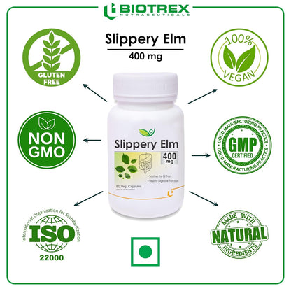 Biotrex Nutraceuticals Slippery Elm 400mg 60 Veg Capsules, Dietary supplement to strengthen Immune System, nutritional supplement, multivitamins, vitamin for men, women and adults, health supplements