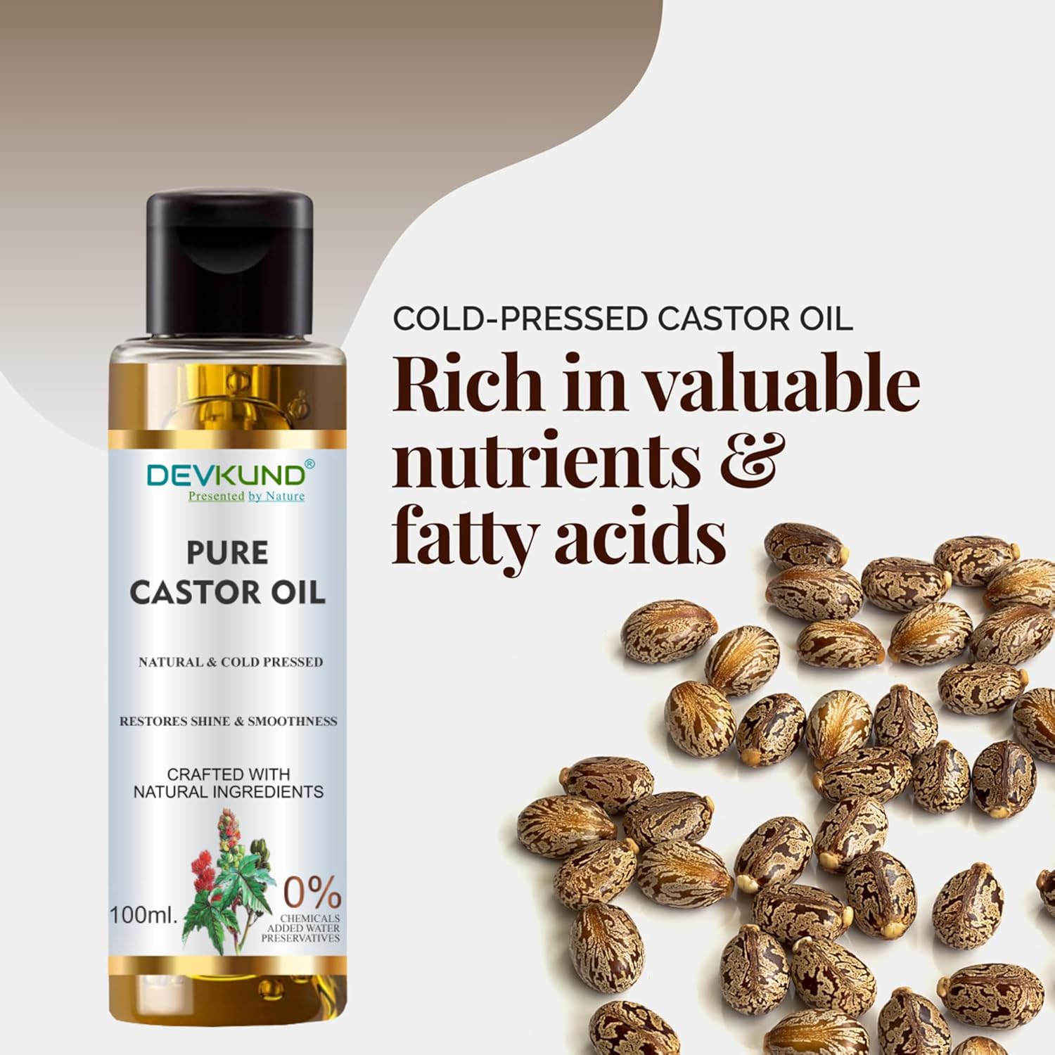 Devkund Pure Castor Oil bottle with castor seeds on a beige background