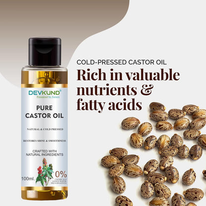 Devkund Pure Castor Oil bottle with castor seeds on a beige background