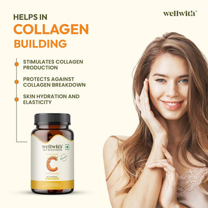 Wellwith Sea buckthorn Berry Powder Capsules – 60 Vegan Caps |Sea buckthorn capsules rich in Natural Vitamin C for Skin Glow & Collagen Boost | Pack of 1