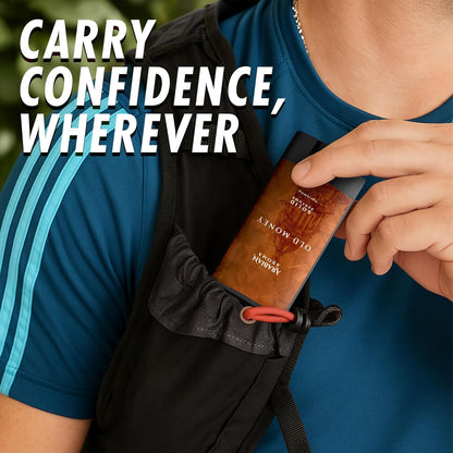 Person holding a leather wallet with text 'Carry Confidence, Wherever' on a blurred background