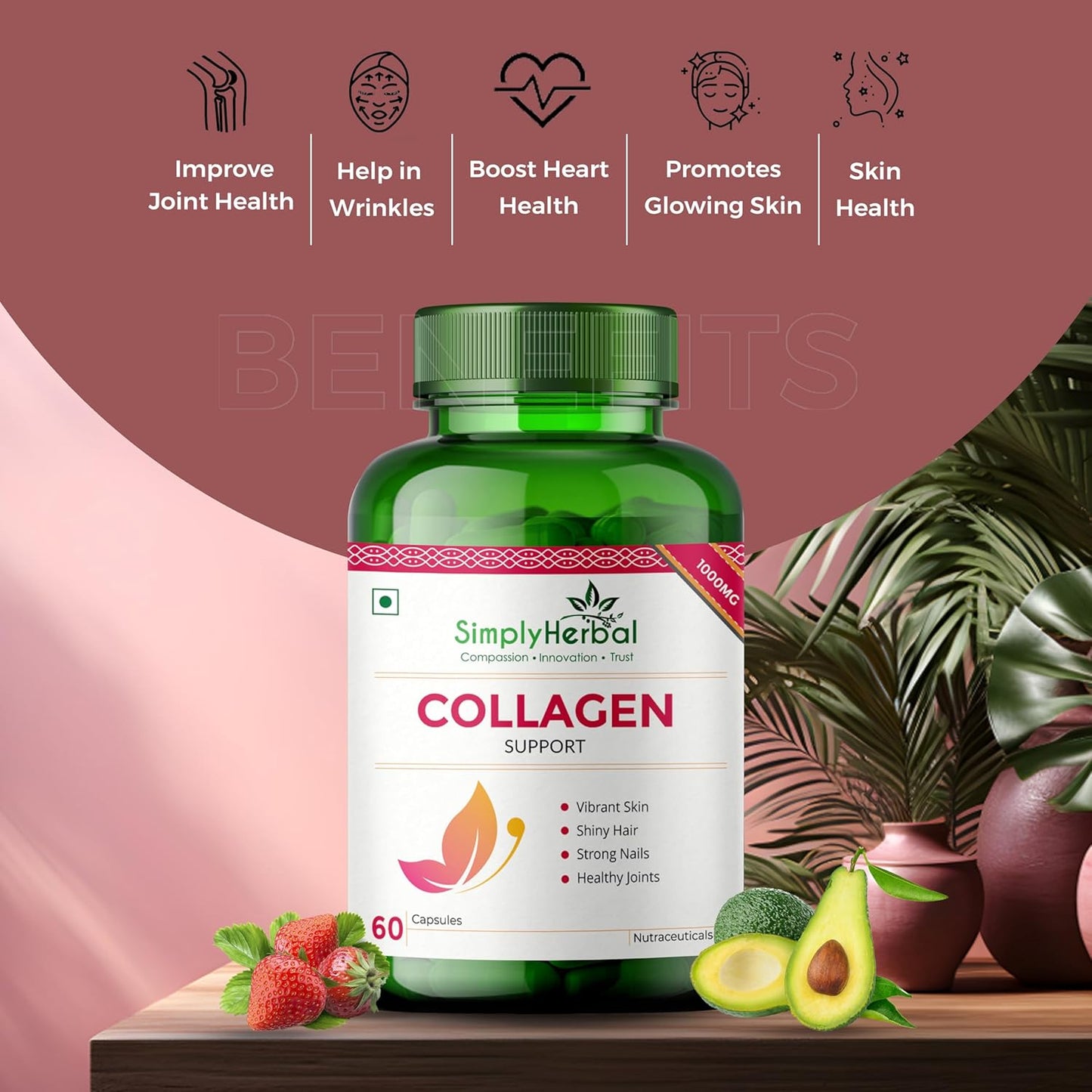 Simply Herbal Collagen Builder 1000mg with Biotin & Vitamin C for Hair Skin, & Nails, Plant-Based Supplement for Women & Men (60 Capsules)