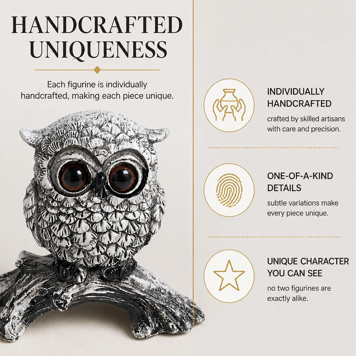 White Owl Figurine on Natural Wood-Look Log, Black & White Owl Statue for Home Office Desk Decor (Small)