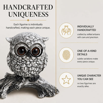 White Owl Figurine on Natural Wood-Look Log, Black & White Owl Statue for Home Office Desk Decor (Small)
