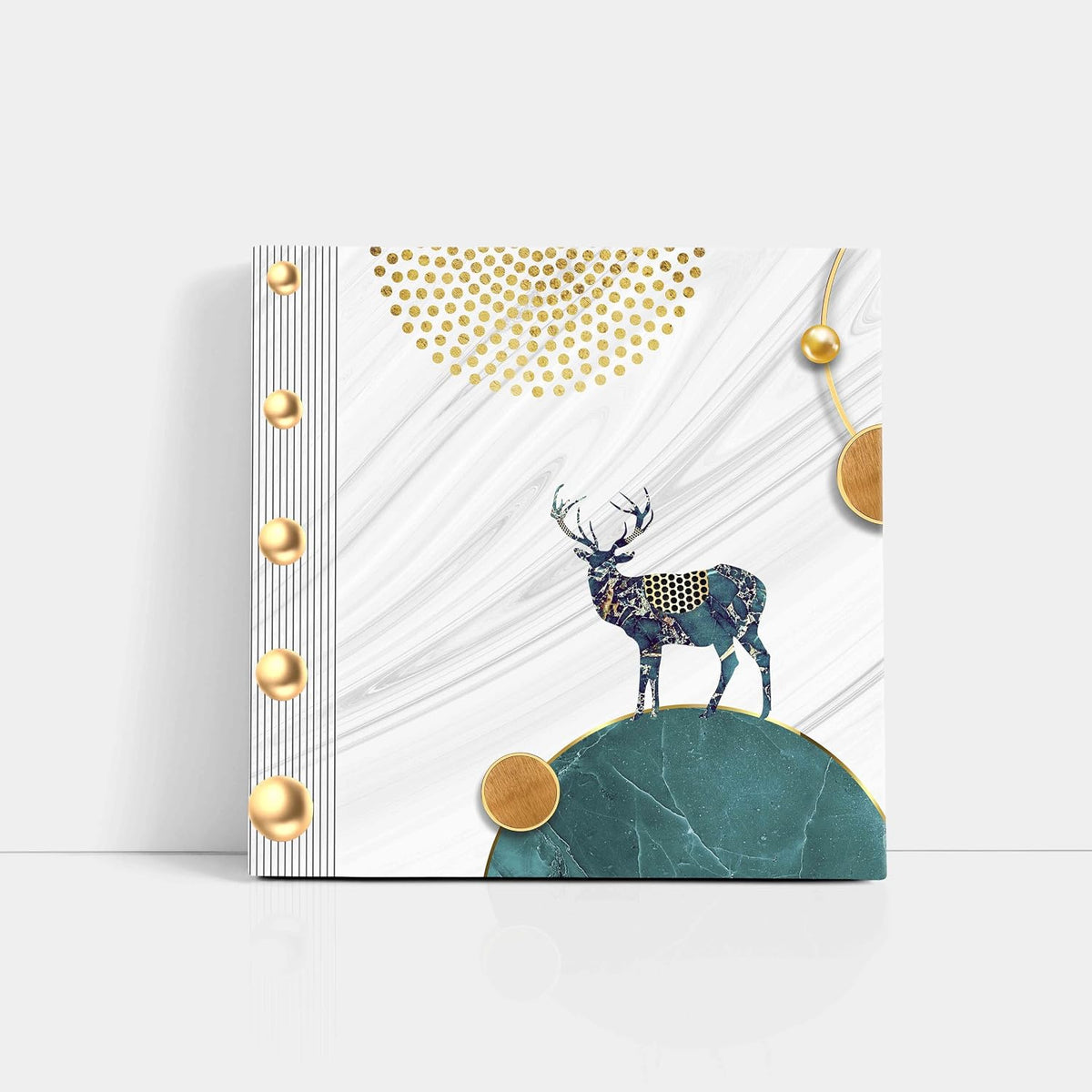Modern Nordic Deer Wall Art Canvas Print, White Marble Background with Gold Accents, Teal and Gold Home Decor 16 Inch x 16 Inch CVS-38106