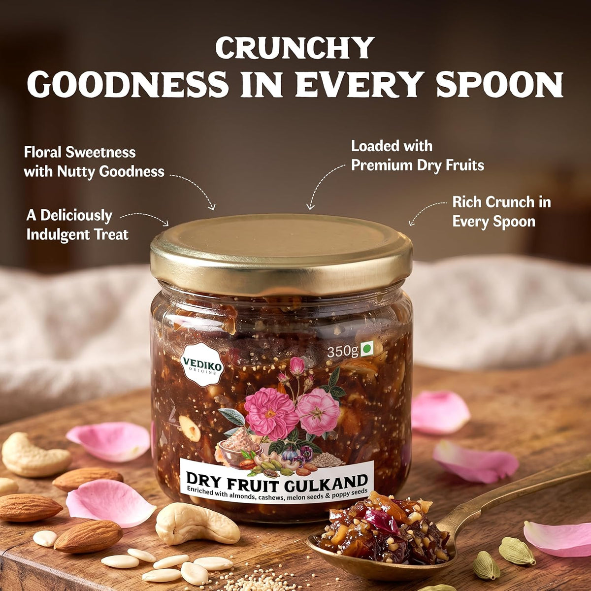 Vediko Origins Dry Fruit Gulkand | 100% Sun-Cooked Pure Rose Petal Jam With No Artificial Flavors For Gut Health | Sweetened With Raw Sugar (Mishri) | Improves Digestion | Natural Coolant