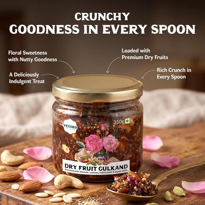 Vediko Origins Dry Fruit Gulkand | 100% Sun-Cooked Pure Rose Petal Jam With No Artificial Flavors For Gut Health | Sweetened With Raw Sugar (Mishri) | Improves Digestion | Natural Coolant