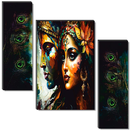 Radha Krishna Abstract Portrait & Peacock Feather Wall Art – Vibrant 3-Panel UV-Printed Triptych | Ready-to-Hang Spiritual Décor for Living Room, Bedroom & Pooja Room (20 Inch x 12 Inch) JM-35287