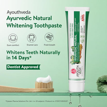 Ayouthveda Ayurvedic Natural Whitening Toothpaste | Plant-Based Formula with Ginger, Mint, Papaya & Pomegranate | Plaque & Tartar Control | Gum Comfort, Enamel Care & Fresh Breath | 100g (Pack of 1)