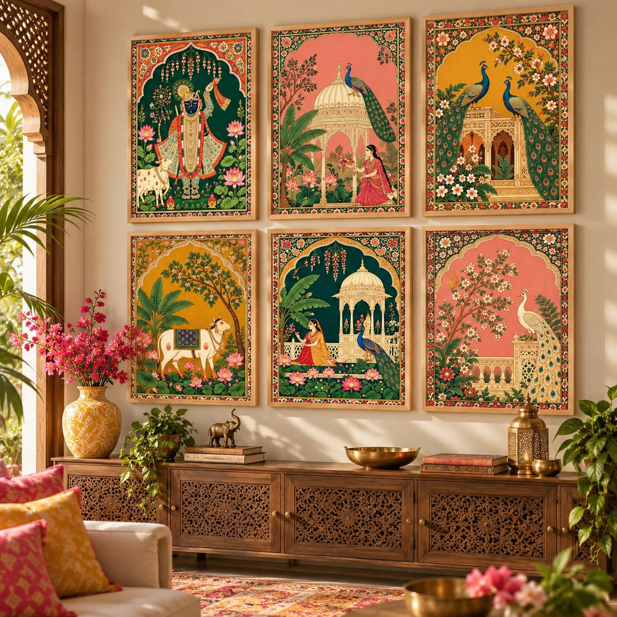 Madhubani Paintings Set of 6 Traditional Indian Peacock Wall Painting With Frame for Living Room Bedroom Hotel Wall Decor Digital Reprint (10X13 Inch)