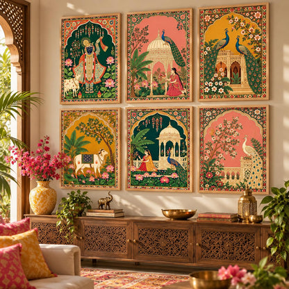 Madhubani Paintings Set of 6 Traditional Indian Peacock Wall Painting With Frame for Living Room Bedroom Hotel Wall Decor Digital Reprint (10X13 Inch)