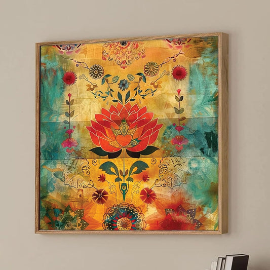 Colorful Vastu Lotus Framed Canvas Wall Art Painting for Living Room | Bohemian Floral Artwork Painting with Frame | Modern Spiritual Wall Décor for Home, Bedroom & Office, 23x23 Inch