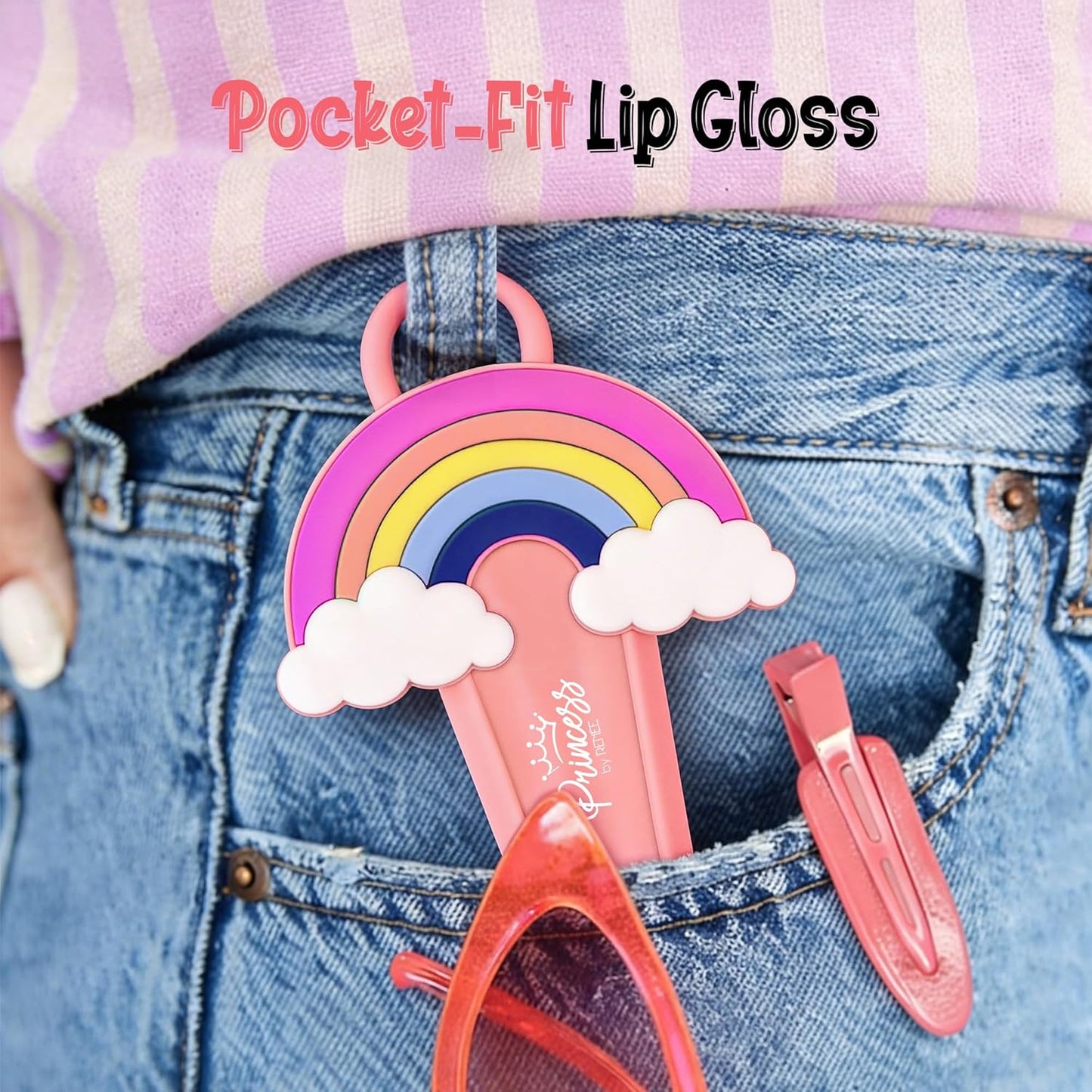 Pink lip gloss with rainbow design attached to a denim pocket