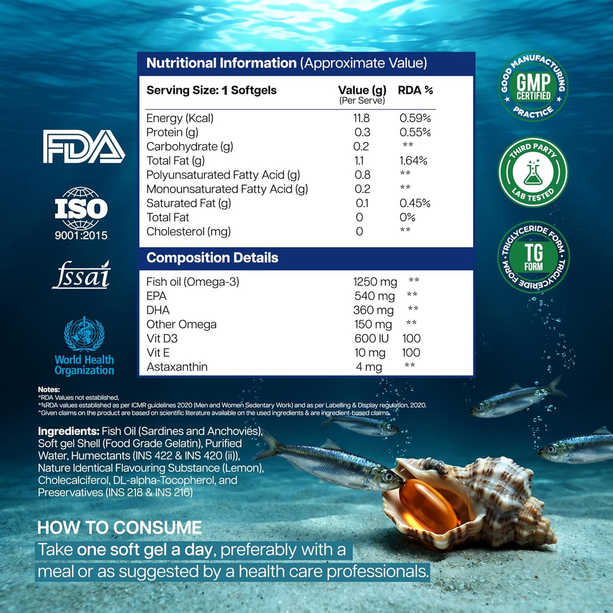 Omequa Omega 3 Fish Oil 1250 mg (Triple Strength) – 30 Softgels | EPA 540 mg DHA 360 mg | Triglyceride Form | With Astaxanthin, Vitamin D3 & E | Lab Tested Omega 3 Supplement