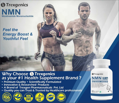 Two people running outdoors with a Trexegenics NMN supplement bottle displayed.