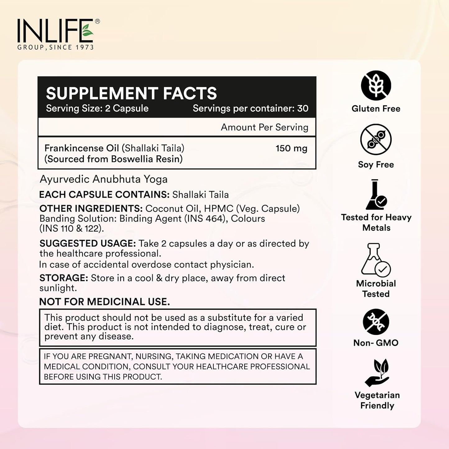 INLIFE Natural Frankincense Oil Capsules | Derived from Boswellia Resin | Supports Joint Health, Flexibility & Mobility | Ayurvedic Supplement | Steam Distilled | 60 Vegetarian Liquid Filled Capsules