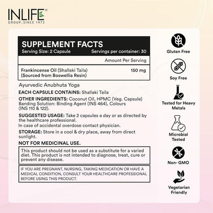 INLIFE Natural Frankincense Oil Capsules | Derived from Boswellia Resin | Supports Joint Health, Flexibility & Mobility | Ayurvedic Supplement | Steam Distilled | 60 Vegetarian Liquid Filled Capsules