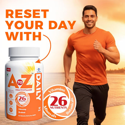 A to Z Daily Multivitamin for Men & Women | 26 Essentials Vitamins & Minerals with Ashwagandha, Brahmi, Ginseng & L-Theanine | Energy, Immunity & Stress Support | 30 Veg Tablets