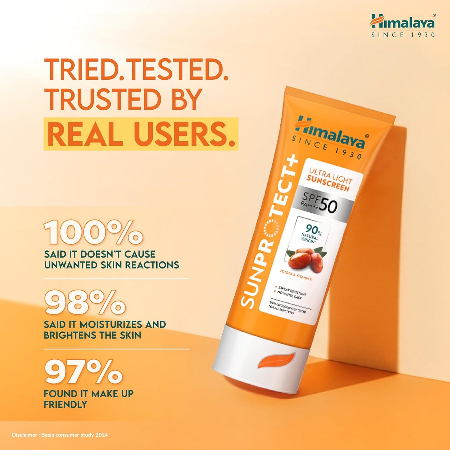 Himalaya SunProtect sunscreen tube with user feedback on a beige background