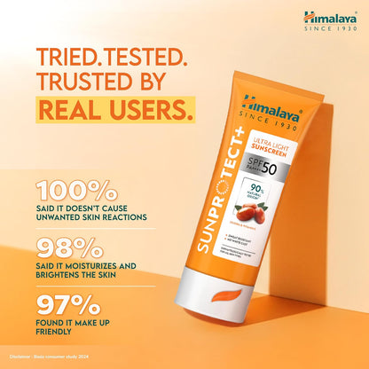 Himalaya SunProtect sunscreen tube with user feedback on a beige background