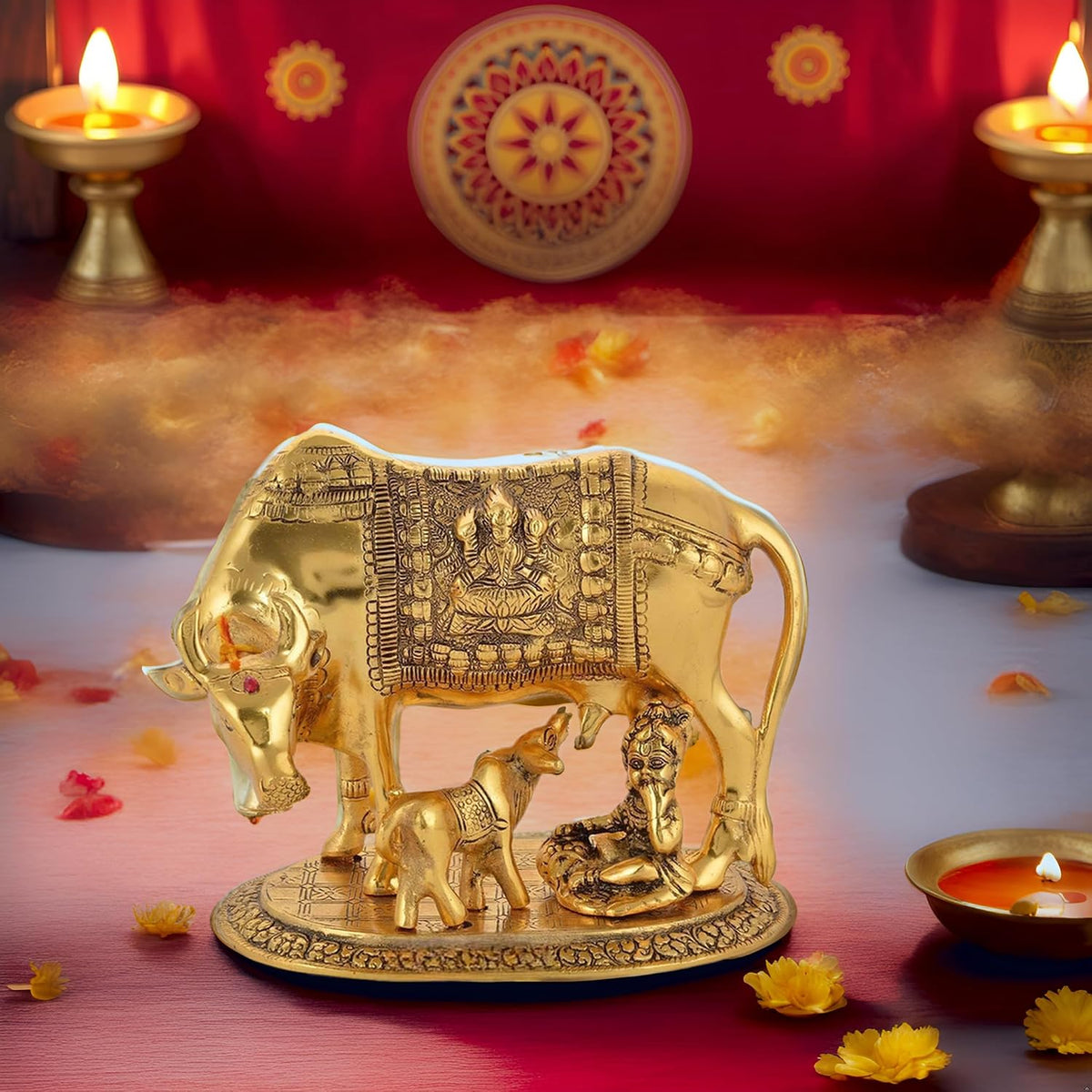 Polyresin Hand Painted Kamdhenu Cow with Calf God Figure Showpiece Decor (Golden, Small Size), 20L x 20W x 29H Centimeters
