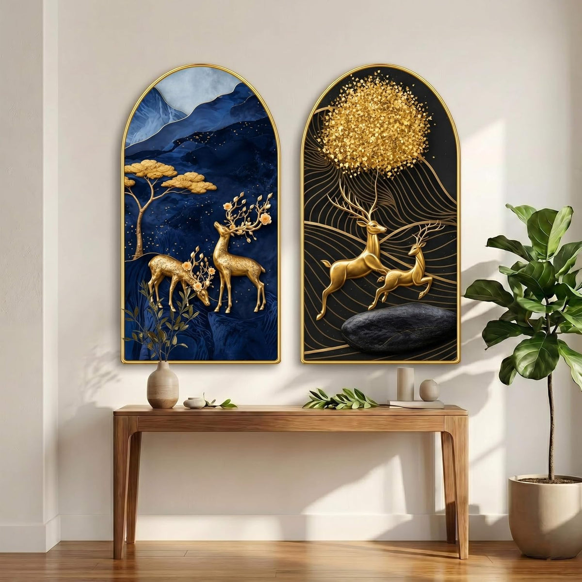 Set of 2 Abstract Deer Wall Painting for Living Room, Blue Gold Modern Artwork, PVC Golden Frame, Arch Shape Wall Decor for Bedroom, Hall, Office & Gift (30 x 32 Inch) RPNL-02-112