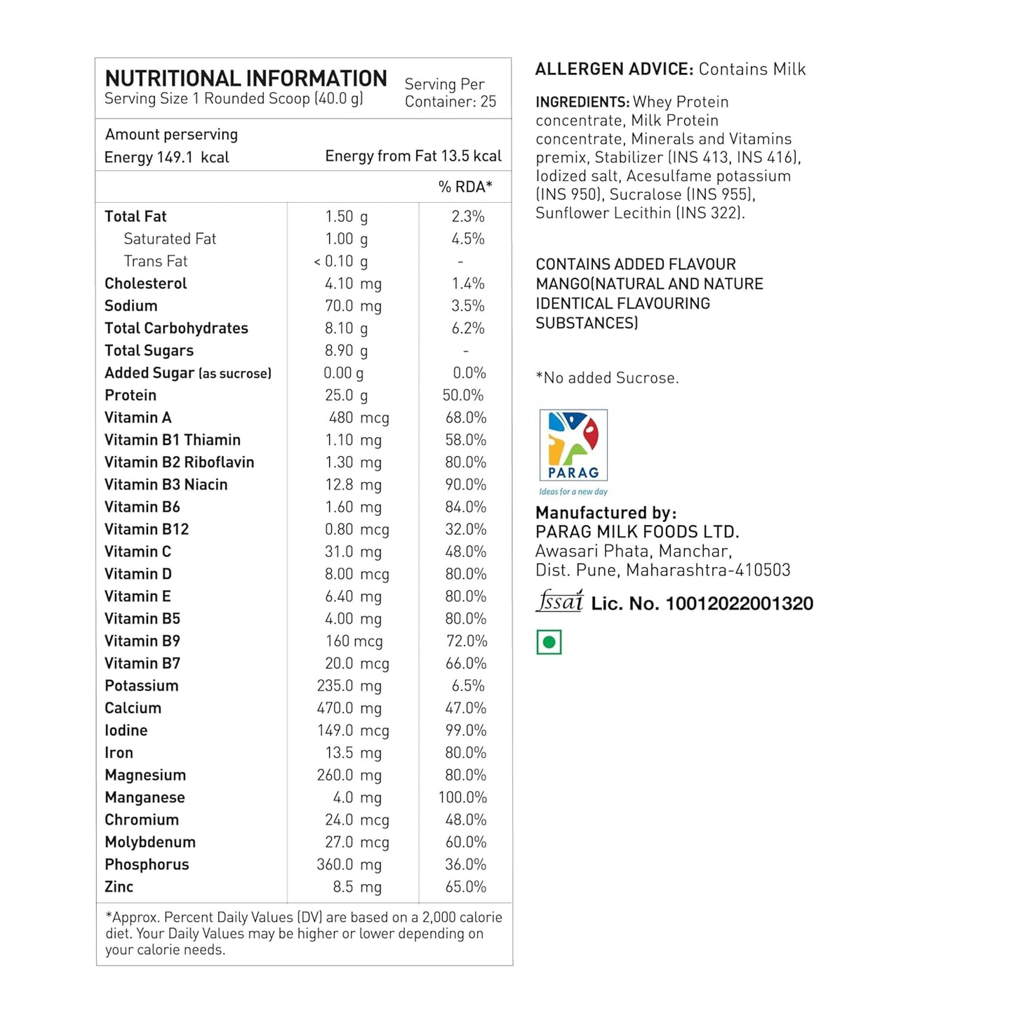 Nutritional information and allergen advice for a protein product, including serving size, energy content, and ingredient list.