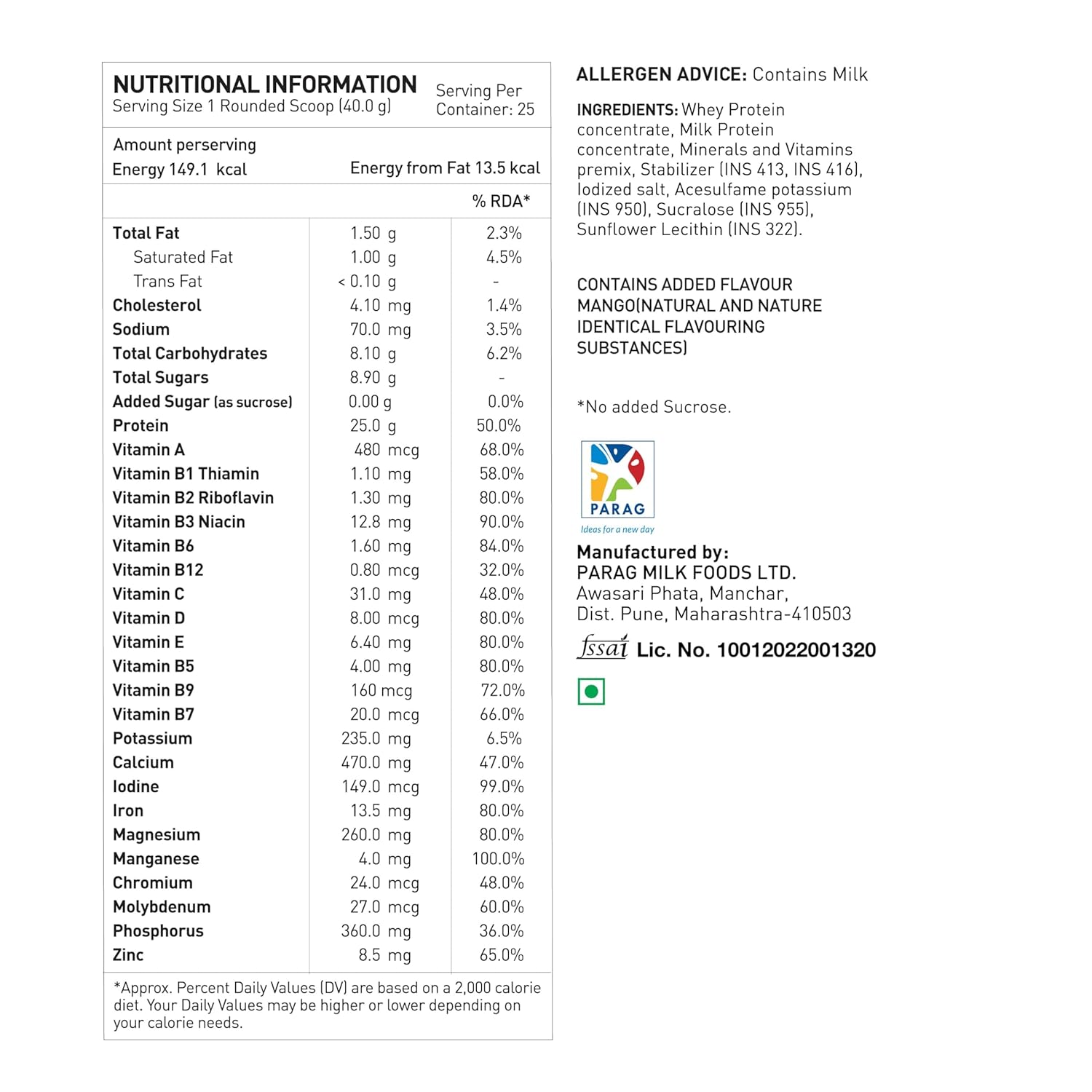 Nutritional information and allergen advice for a protein product, including serving size, energy content, and ingredient list.