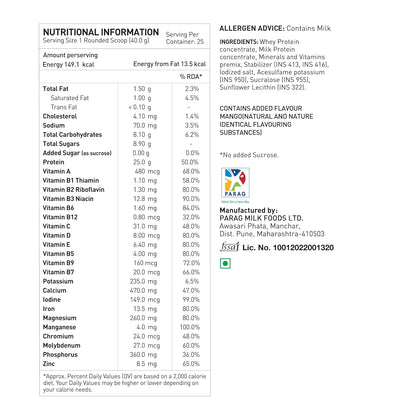 Nutritional information and allergen advice for a protein product, including serving size, energy content, and ingredient list.