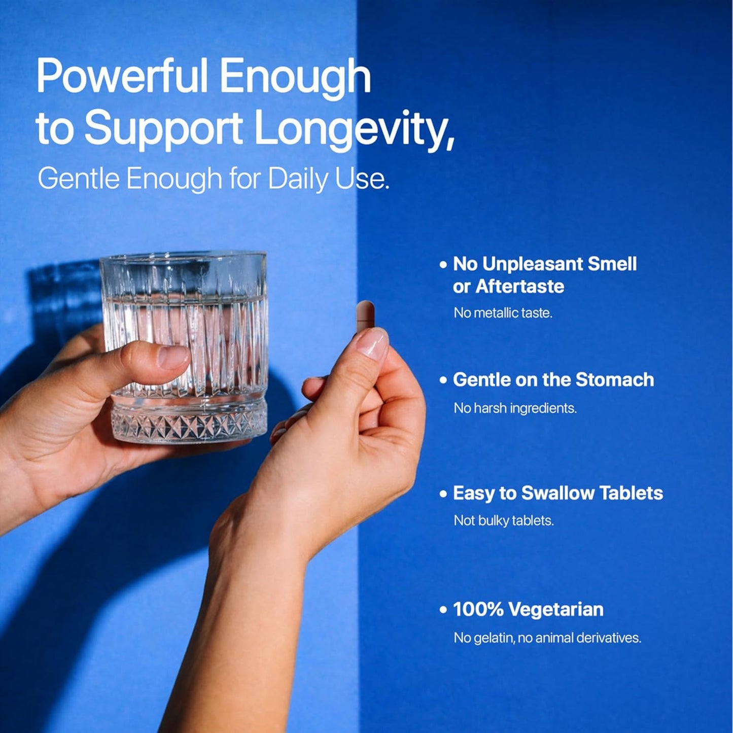 Hand holding a glass of water with product features listed on a blue background