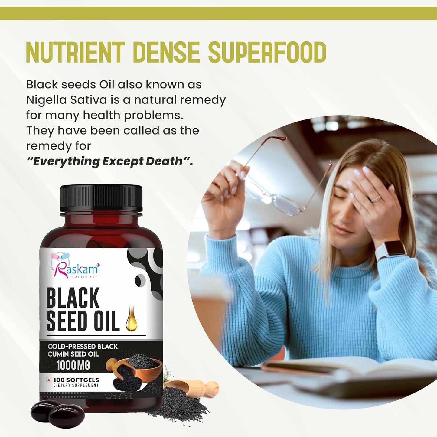 Pure Organic Cold-Pressed Black Seed Oil Softgels - Non-GMO Pure Nigella Sativa Black Cumin Seed Oil for Beauty Immunity & Overall Wellness Support - Thymoquinone-Rich 1000mg Serving 100 softgels