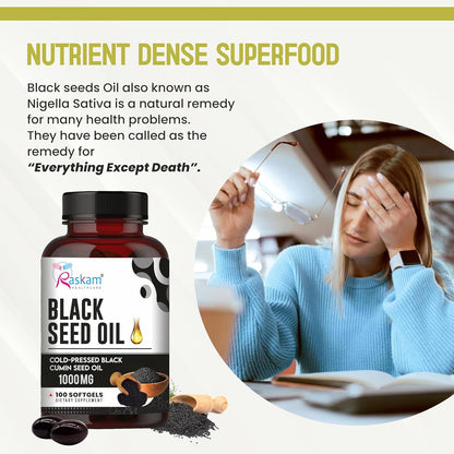 Pure Organic Cold-Pressed Black Seed Oil Softgels - Non-GMO Pure Nigella Sativa Black Cumin Seed Oil for Beauty Immunity & Overall Wellness Support - Thymoquinone-Rich 1000mg Serving 100 softgels