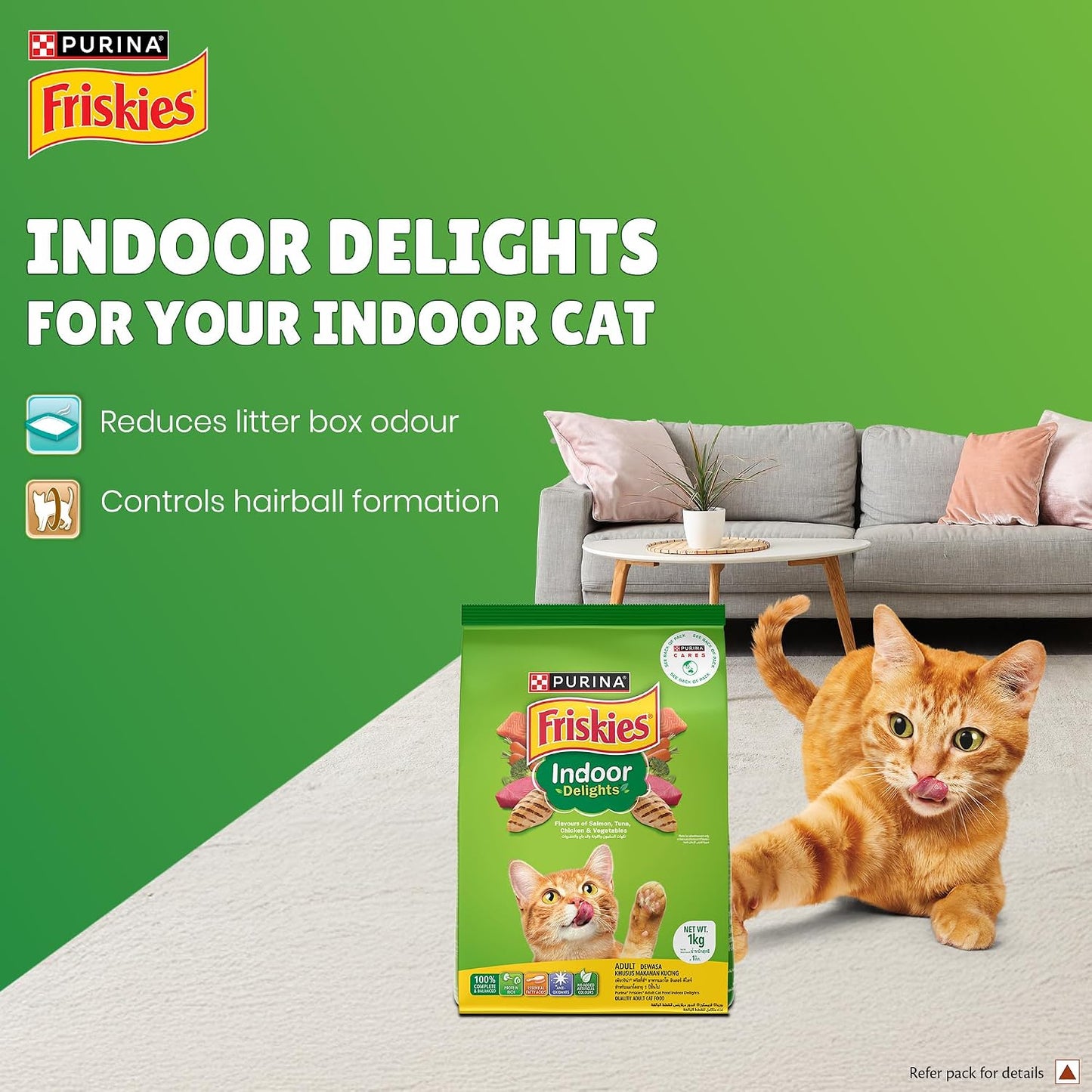 Purina Friskies Indoor Delights, Dry Food for Adult Cats, 1kg Pack | With Salmon, Tuna, Chicken & Vegetables Flavours, Hairball Control, Complete Nutrition, Omega 3 & 6