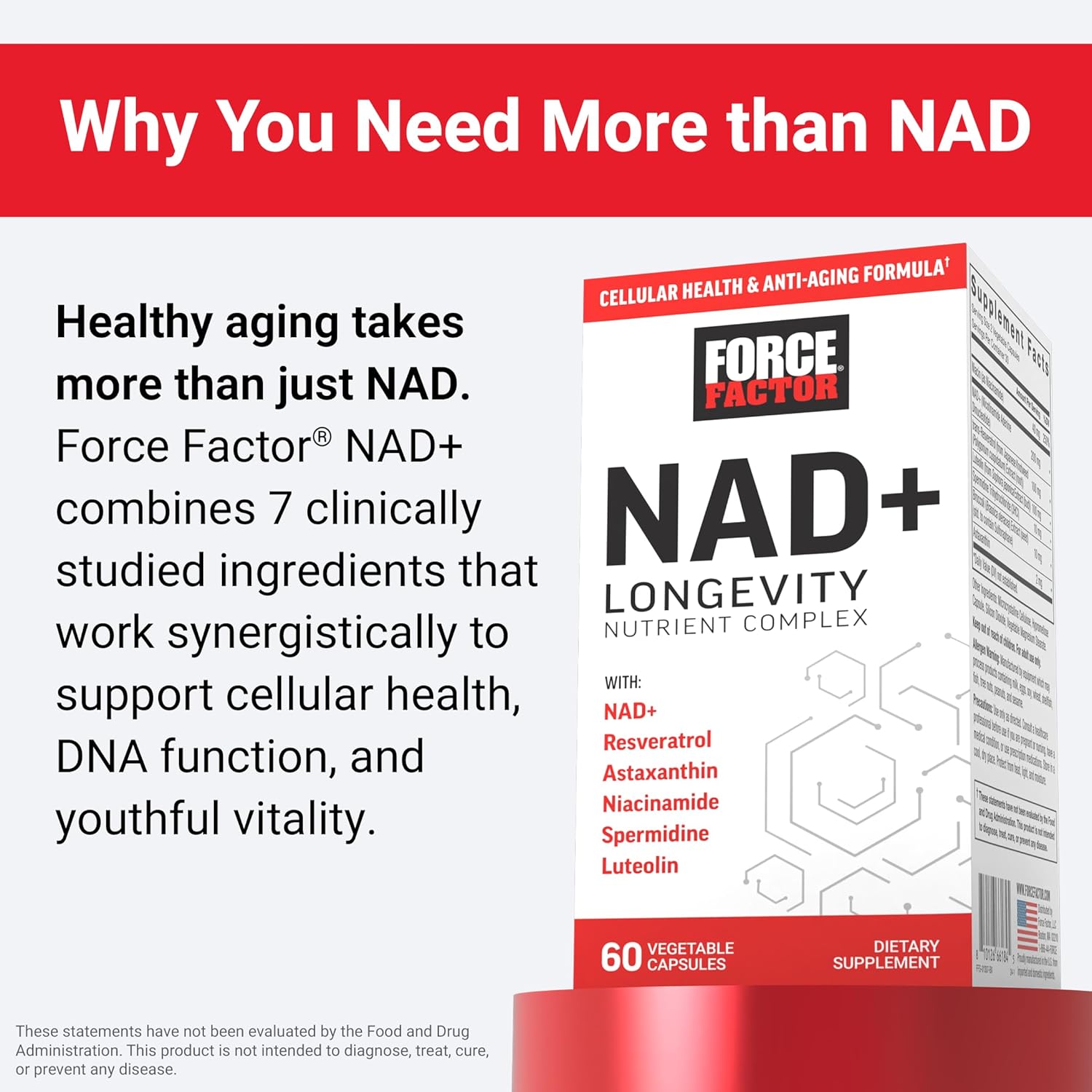 Force Factor NAD+ supplement packaging with text about healthy aging and supplement benefits.