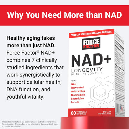 Force Factor NAD+ supplement packaging with text about healthy aging and supplement benefits.