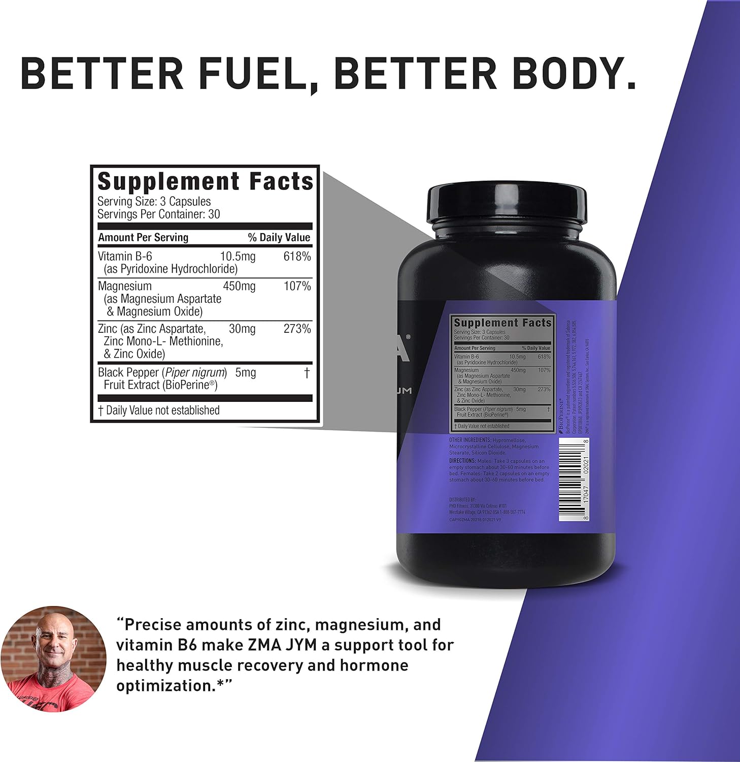 Supplement bottle with label and supplement facts on a white and purple background