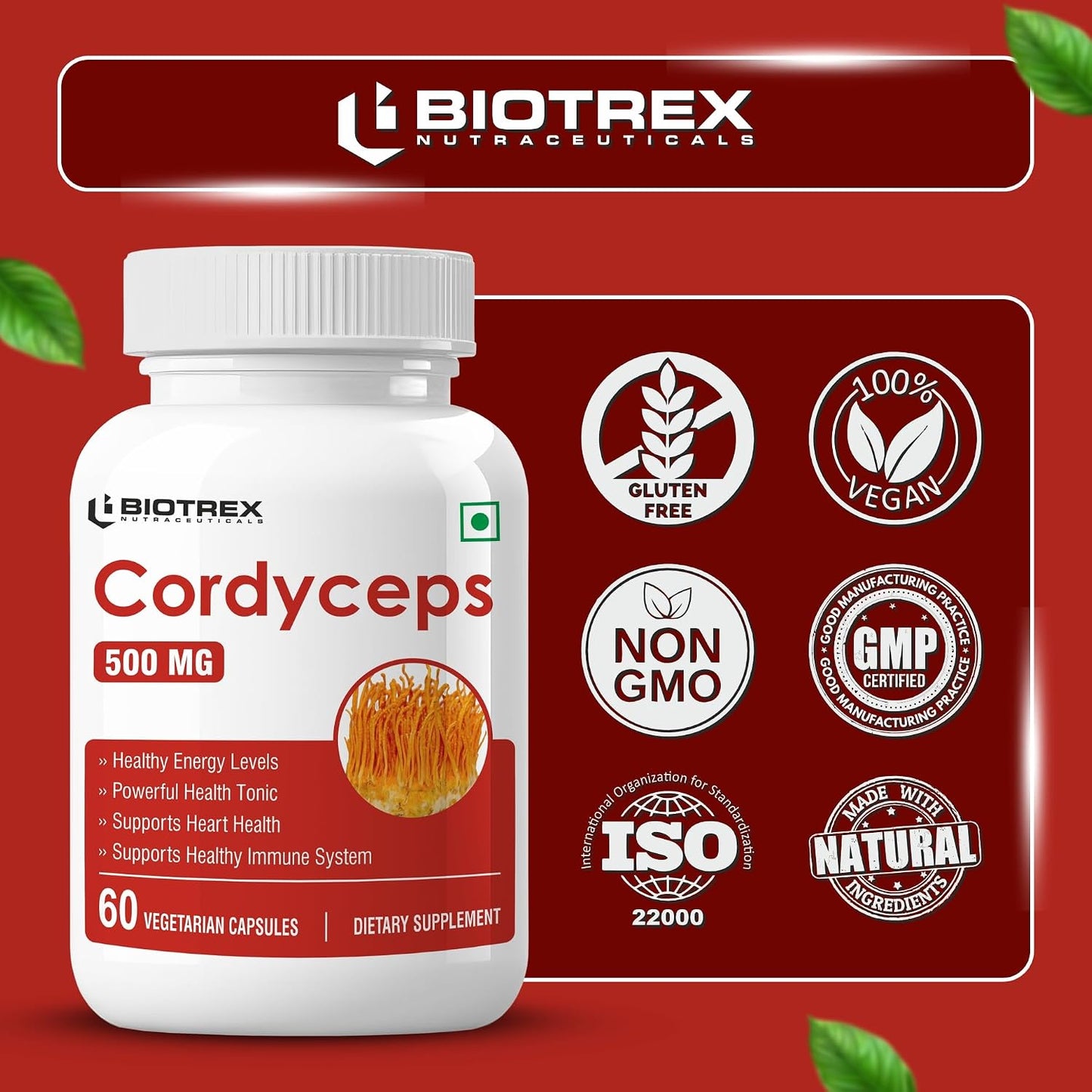 Biotrex Nutraceuticals Cordyceps 500mg | Endurance & Energy Booster | Supports Immune Function | Healthy Brain Function | Overall Wellbeing | 60 Veg Capsules