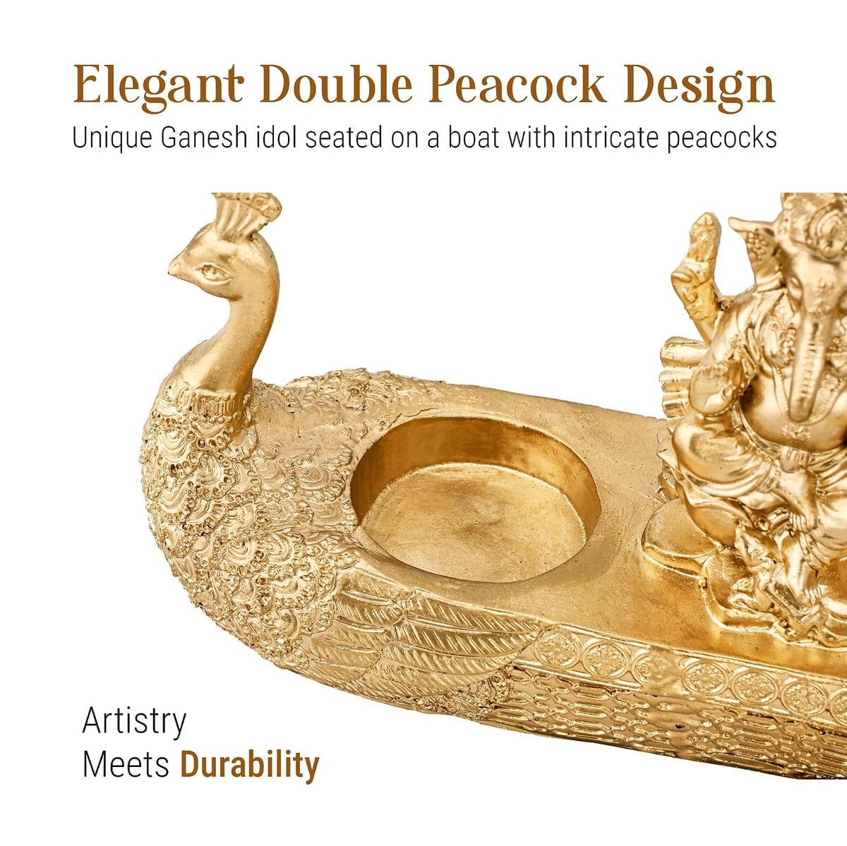 10x5 Inch Resin Lord Ganesha Idols with 2 Diya | Vinayagar Statue for Pooja Room | Ganpati Idol for Home and Office Decor | Golden